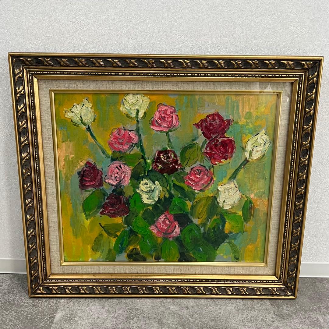 作者不明 バラ 花束 油彩画 装飾フレーム付き 薔薇