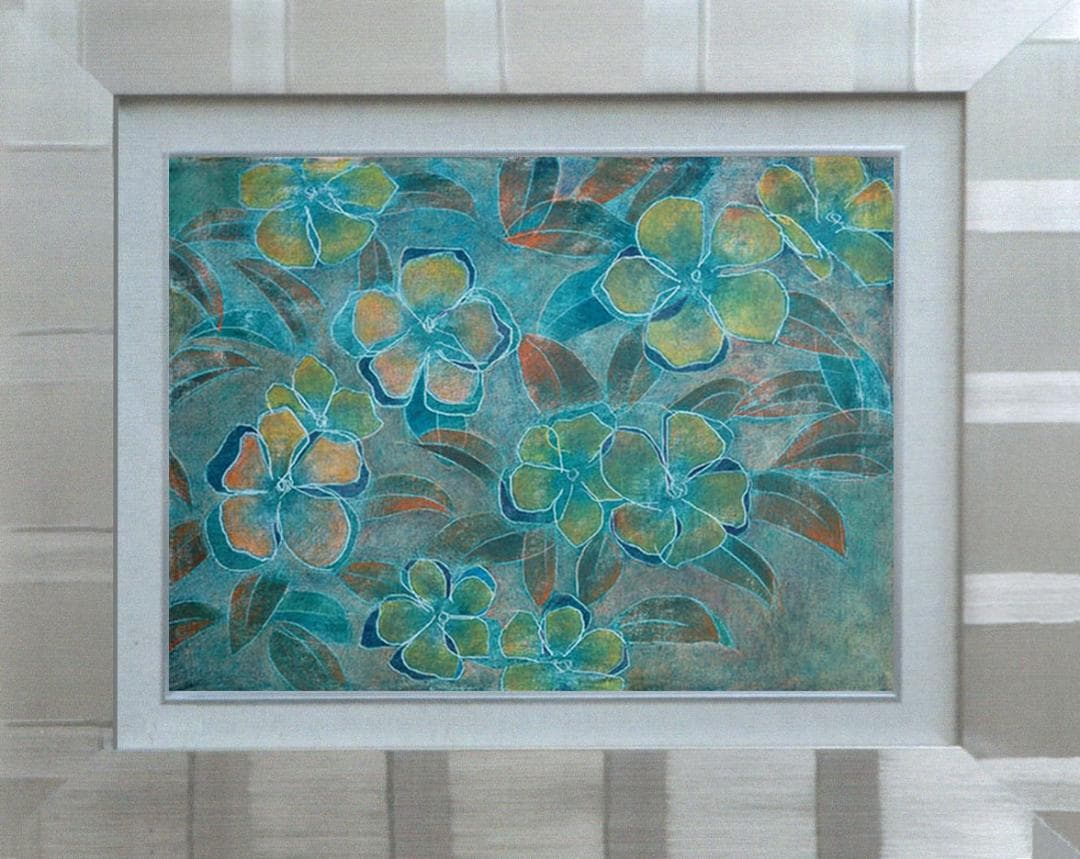 油絵 菅家令子 絵 絵画インテリア 額付(青緑＋金色の枠) F4-091716花