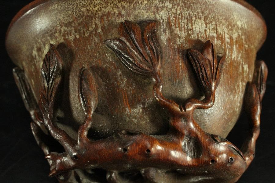 中国美術 竹根 刻 蓮花 碗 洗 13cmx9cm 文房四宝(K-LC561)