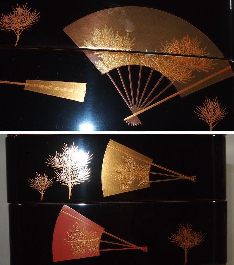 【美品】輪島塗 わじま慶塚 扇面に松蒔絵 四段重箱 台付き＆屠蘇器 お重/酒器