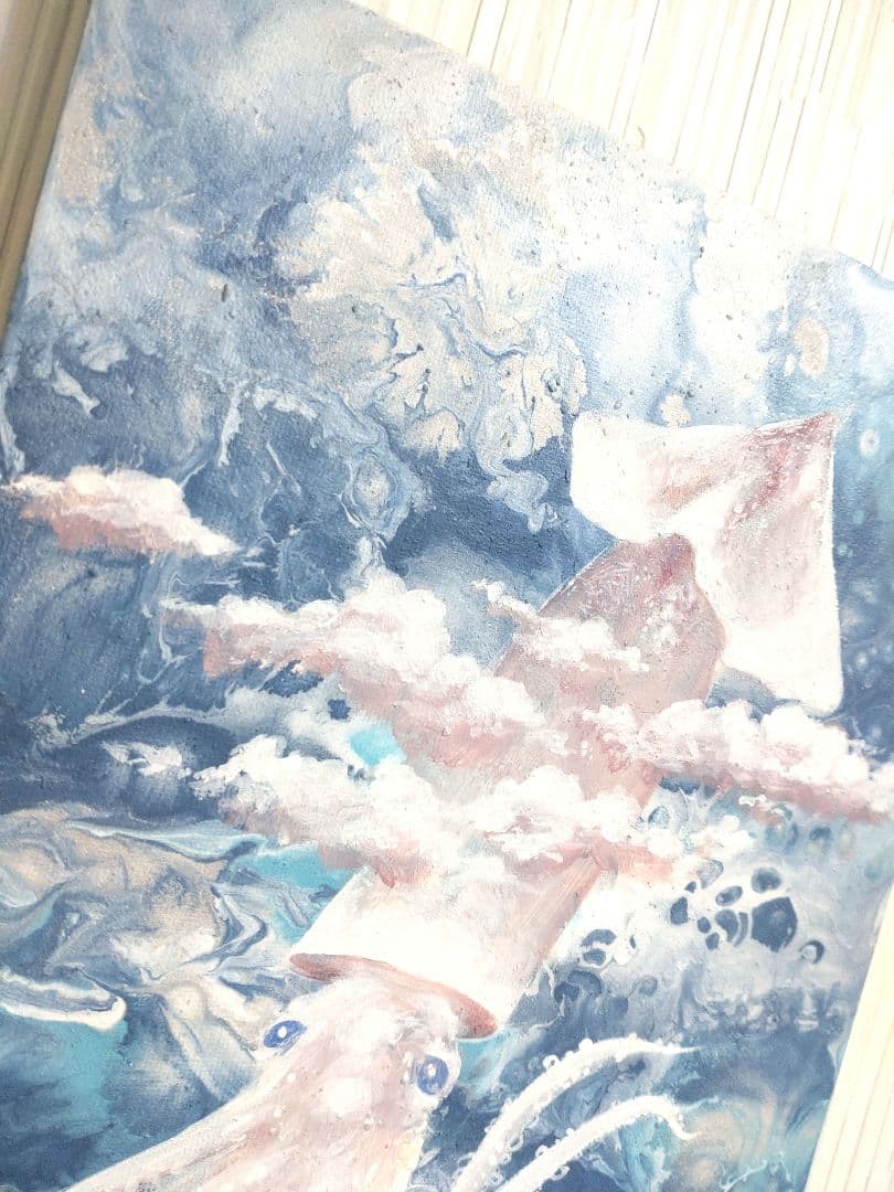イカの油絵【つまみ雲】1点物の原画◆作者サイン入り/F3号サイズ油彩画