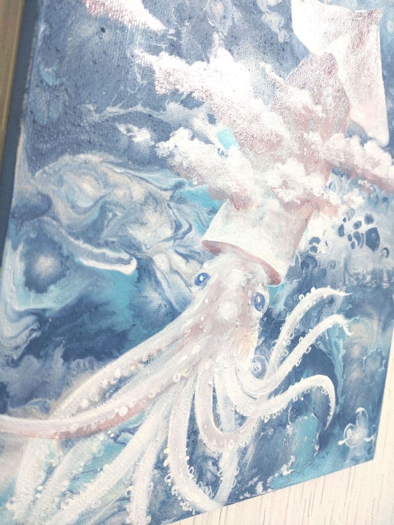 イカの油絵【つまみ雲】1点物の原画◆作者サイン入り/F3号サイズ油彩画