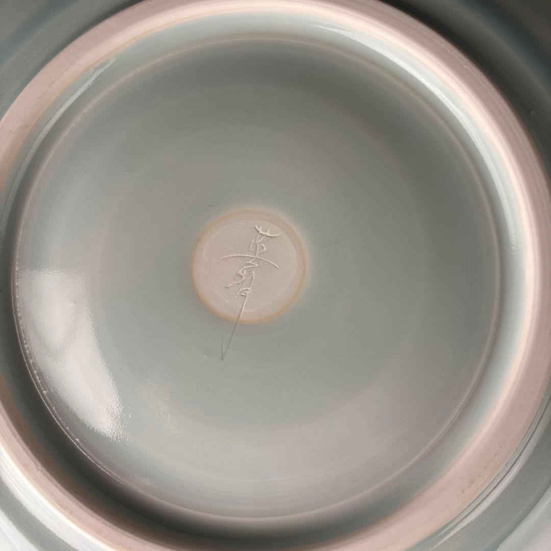 角谷英明　青白磁　渦文　盛皿　共箱　　父:角谷一圭