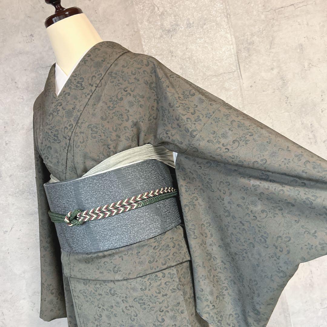 小紋　フルセット　着物　正絹　更紗模様　草花　シック　大人かわいい　k4