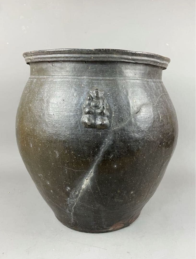 鹿児島旧家蔵出し古薩摩 大瓶 七福神 布袋 張付文 甘酒半胴 薩摩焼 花瓶 飾壺