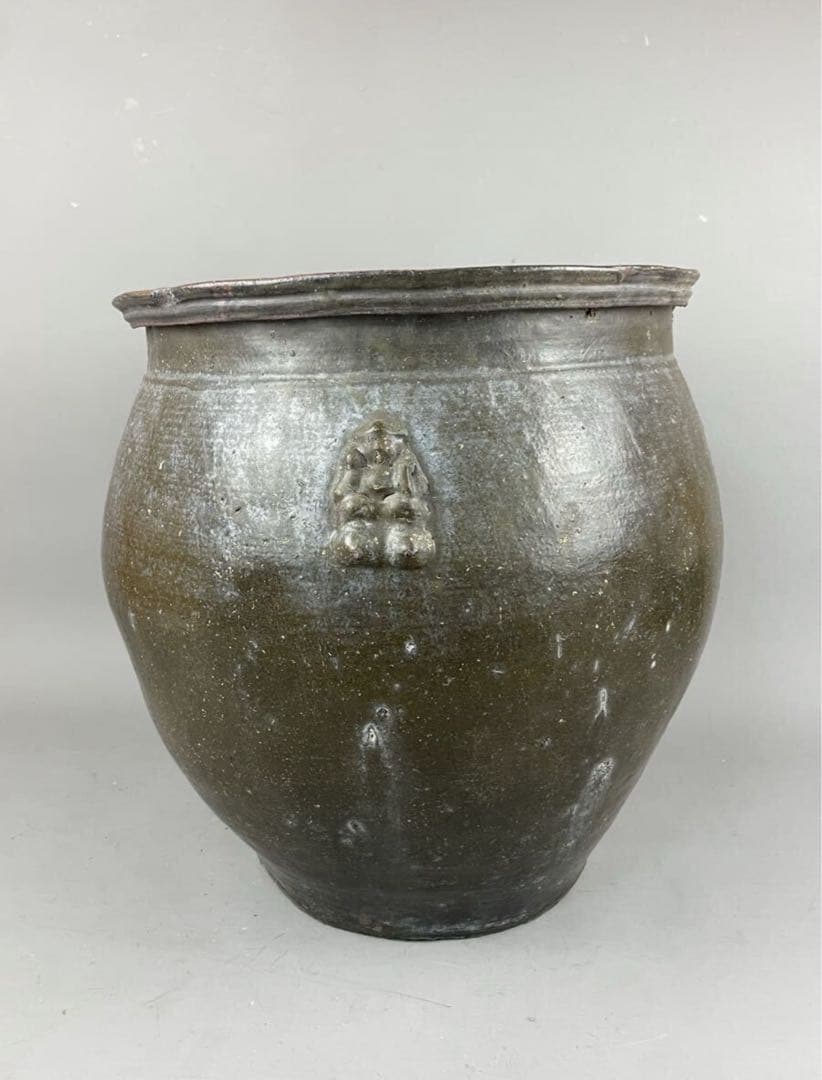 鹿児島旧家蔵出し古薩摩 大瓶 七福神 布袋 張付文 甘酒半胴 薩摩焼 花瓶 飾壺