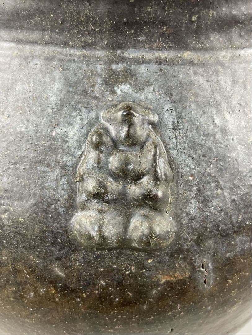 鹿児島旧家蔵出し古薩摩 大瓶 七福神 布袋 張付文 甘酒半胴 薩摩焼 花瓶 飾壺