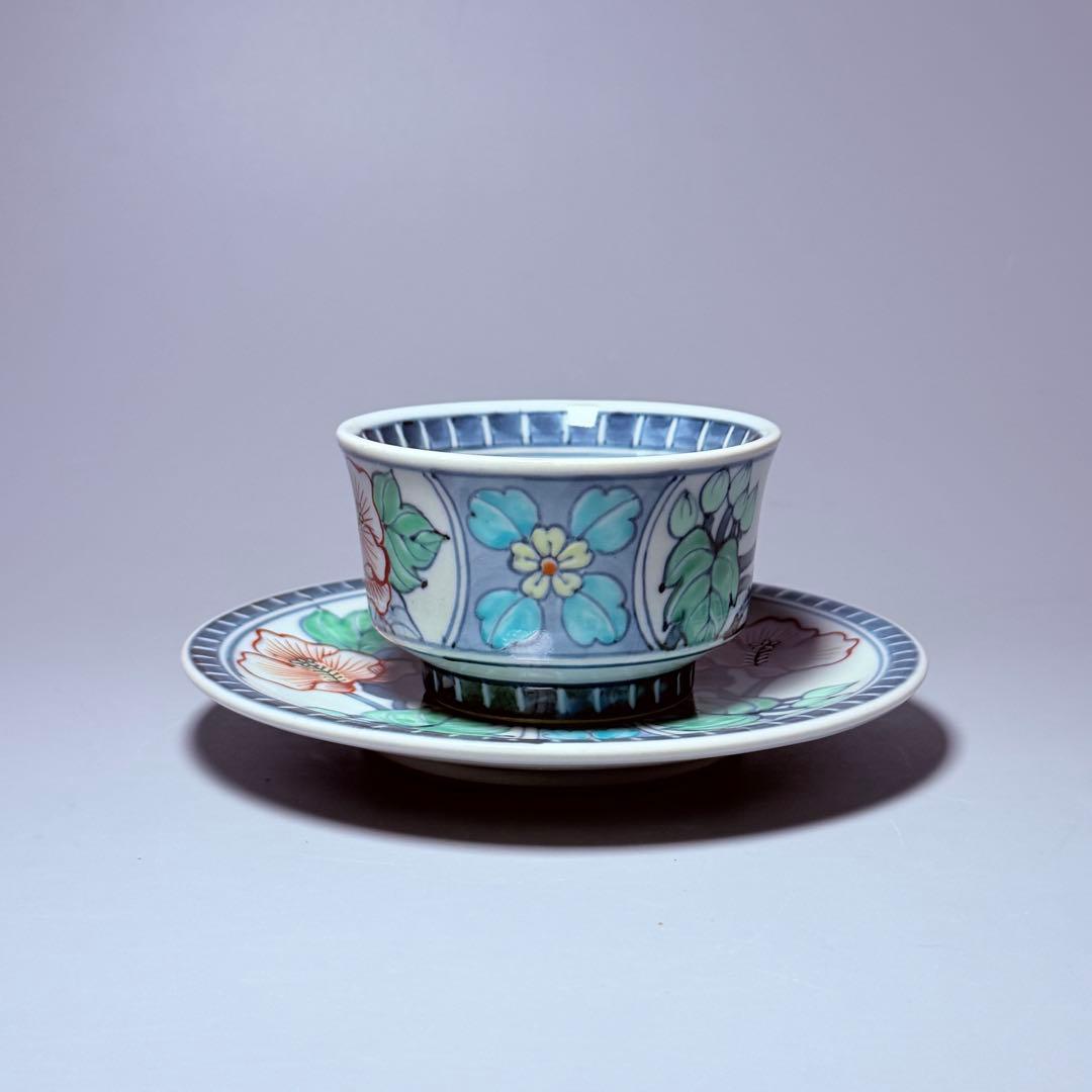 五代　佐藤走波　七十五才　染錦牡丹文カップ＆ソーサー　コレクター放出品