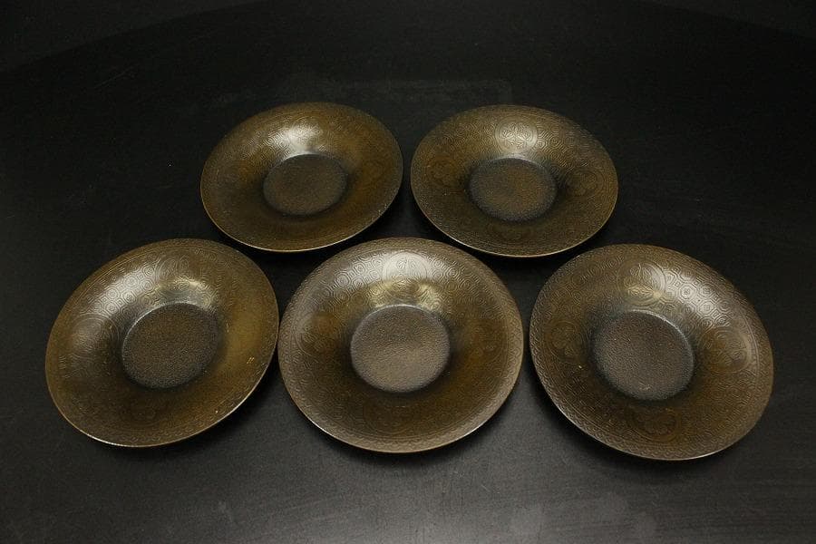 煎茶 銅 茶托 五客 共箱(ZE545)