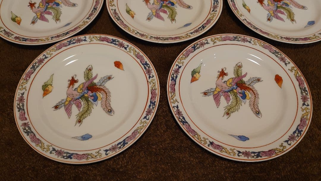 古玩　中国陶器　中皿　７寸皿　鳳凰　蔵出し　５客