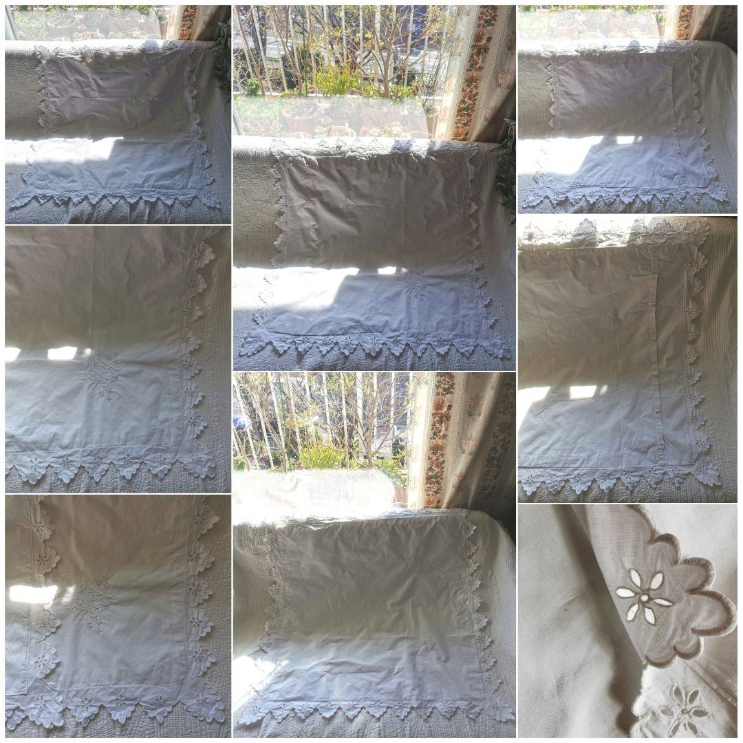 アンティークフランス オープンカットワーク＆スカラップ刺繍ラージクッションカバー