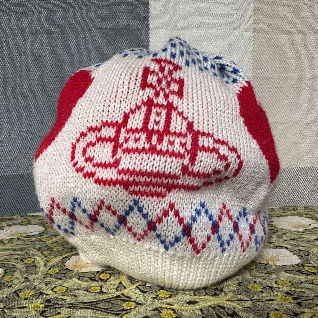 ヴィヴィアンウェストウッド ハート 土星 総柄ニット帽 ベレー帽 ホワイト ロゴ