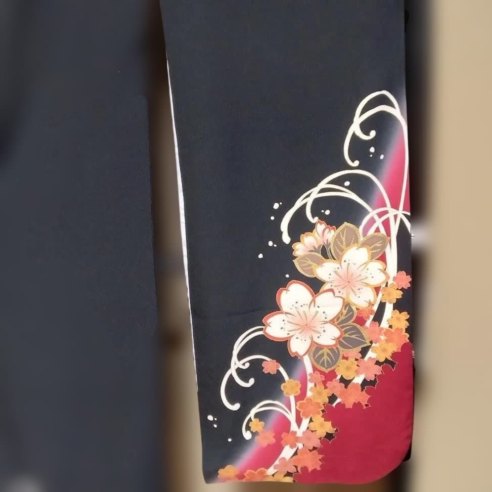 正絹　振り袖　黒地にさくら柄　トールサイズ