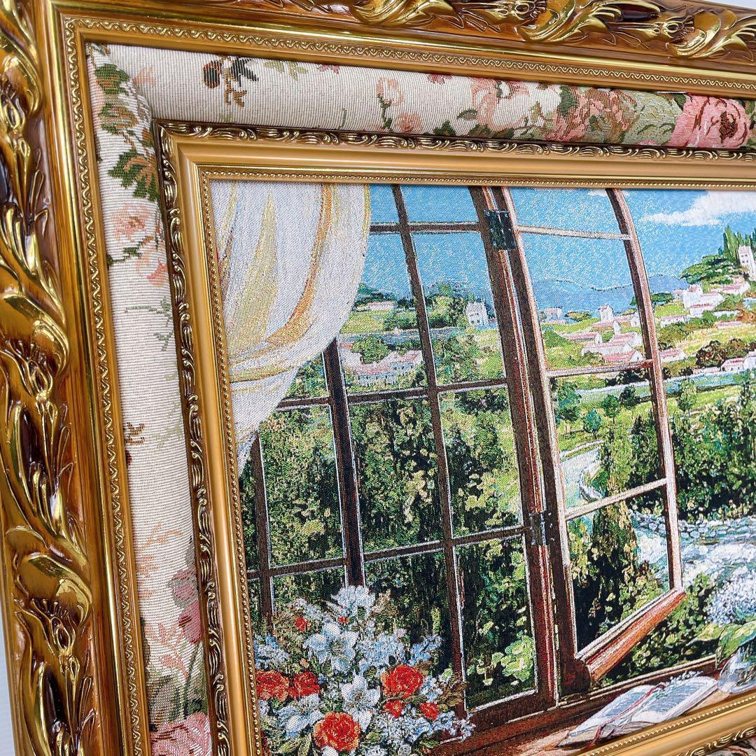 【美品】絵画　『窓から眺める丘』　フランス・ゴブラン織り使用　良質　額絵