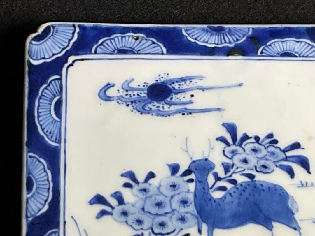 時代硯屏　染付　鹿と花　硯　文房具　文房四宝　置物