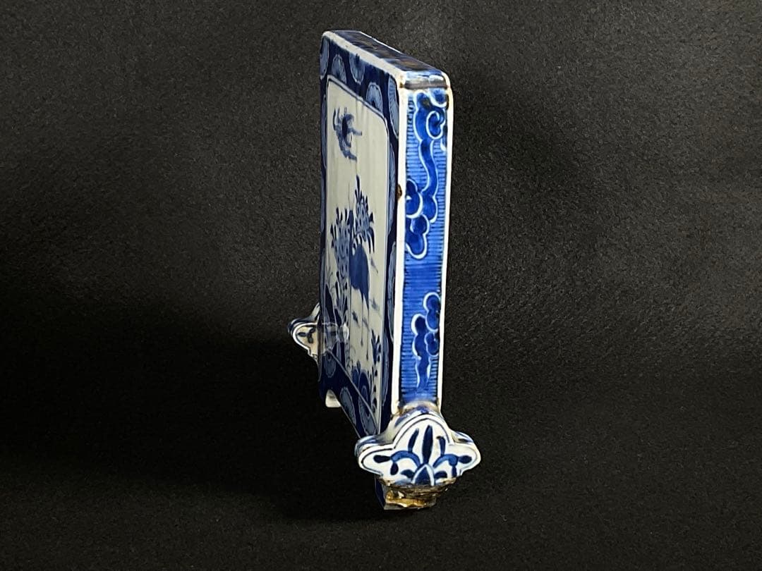 時代硯屏　染付　鹿と花　硯　文房具　文房四宝　置物