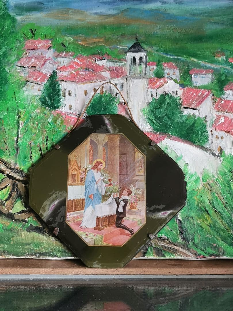 アンティーク 初聖体記念 キリストと少年 美しい八面体壁掛け深緑ガラスパネル