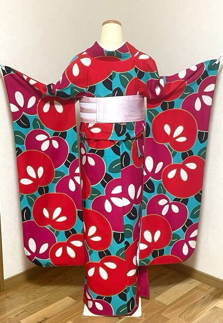 ⑩振袖セット　成人式　振袖＆長襦袢　ポリエステル　大きな橘　レトロモダン
