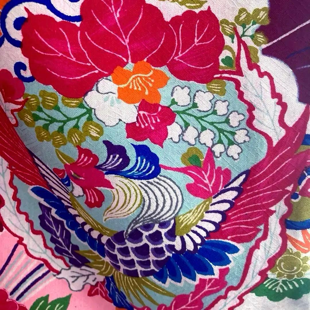 アンティーク着物　子供用　しつけ付　鳳凰・花模様　地紋　正絹　No.35
