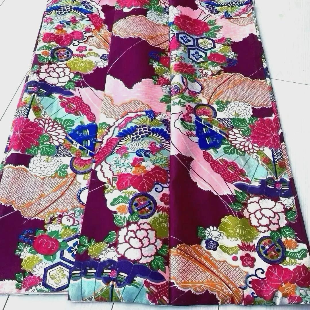 アンティーク着物　子供用　しつけ付　鳳凰・花模様　地紋　正絹　No.35