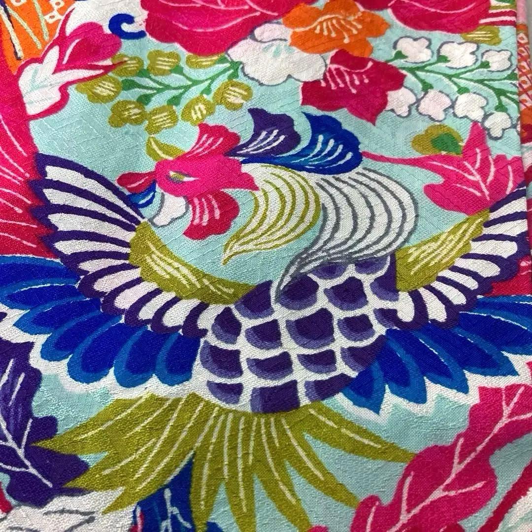 アンティーク着物　子供用　しつけ付　鳳凰・花模様　地紋　正絹　No.35