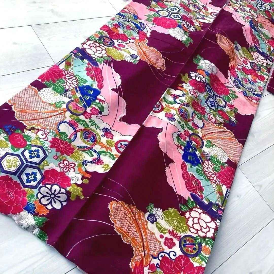 アンティーク着物　子供用　しつけ付　鳳凰・花模様　地紋　正絹　No.35