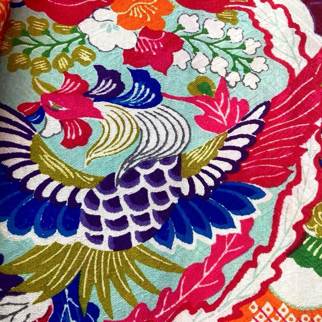 アンティーク着物　子供用　しつけ付　鳳凰・花模様　地紋　正絹　No.35