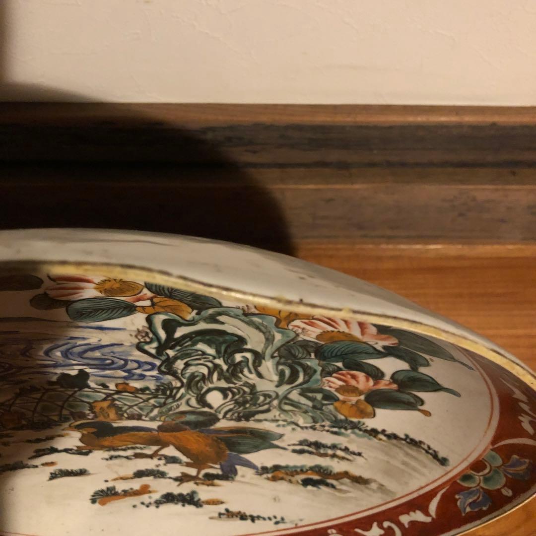 古い九谷焼の色絵大皿約37cm皿立て付き