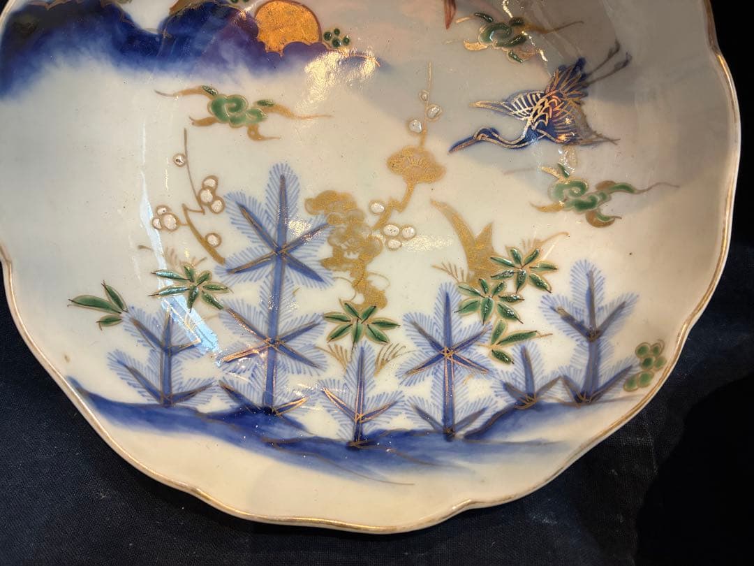 古伊万里　色絵金彩　なます皿　3枚　雲鶴　松竹梅　傷なし　明治