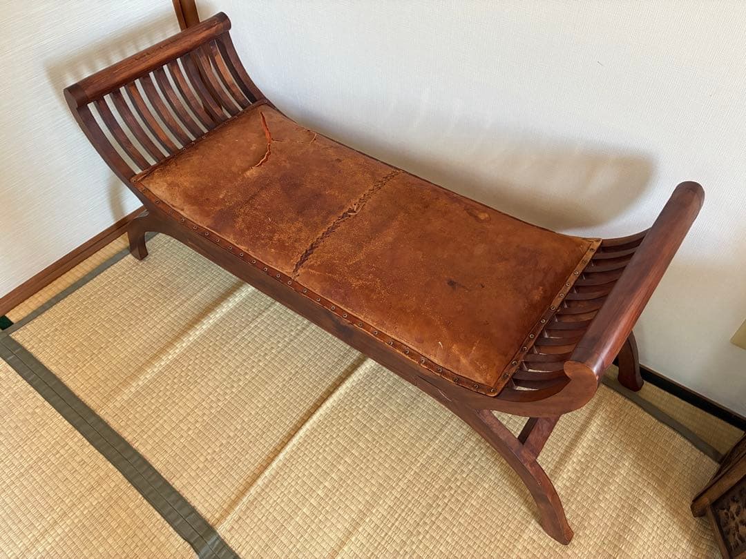 木製レザー 座面スラットデザインベンチ