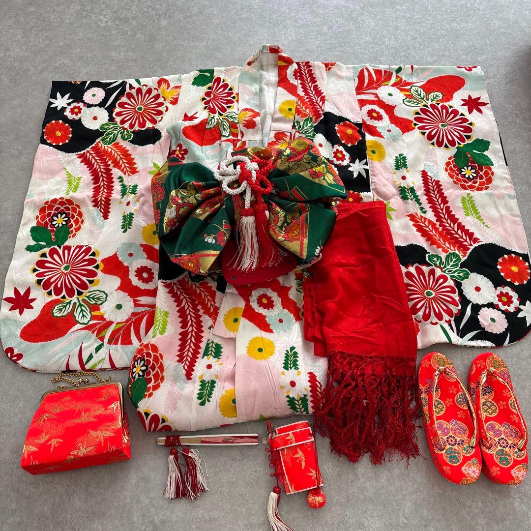 七五三　7歳お着物まとめ7点セット 着物と赤い小物一式