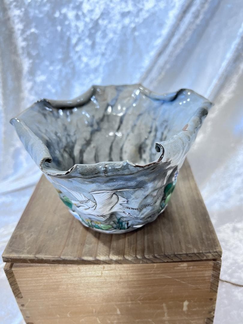 万古焼蓮葉型丼　共箱