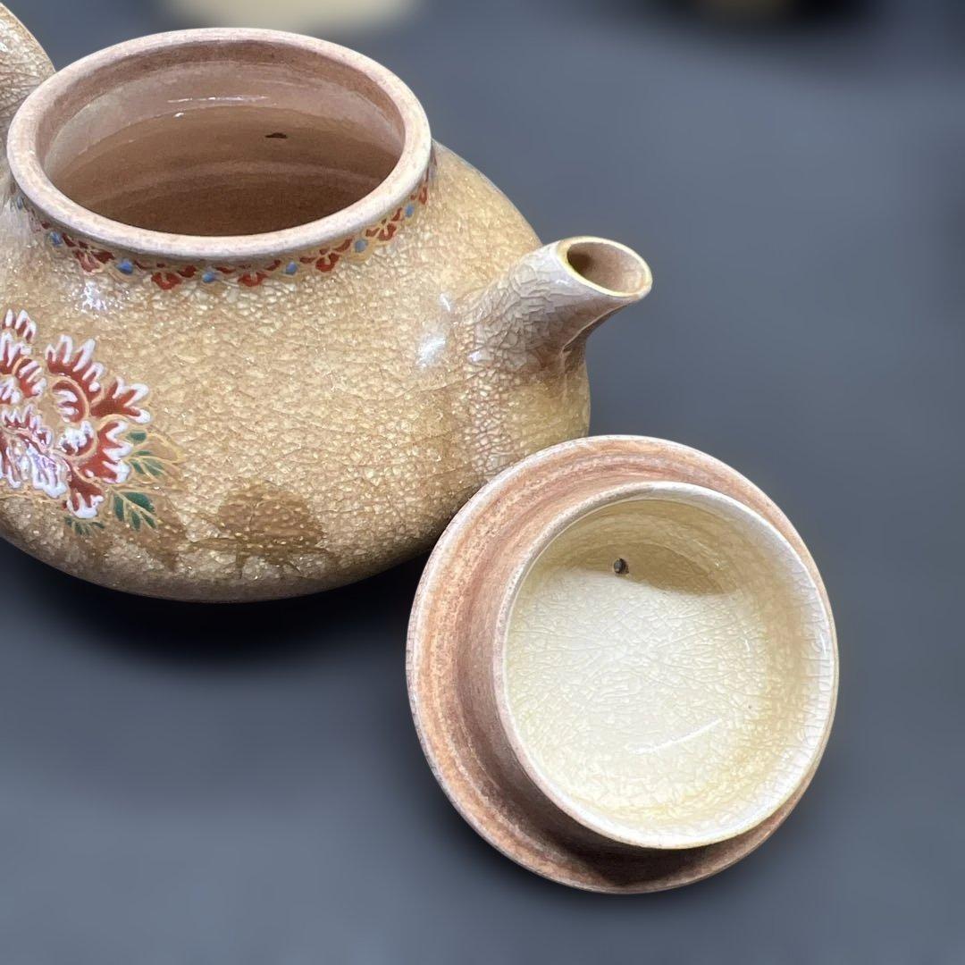 明治時代　草花文盛上げ絵付薩摩焼　煎茶器七点セット　在銘　金彩氷裂紋　煎茶道具