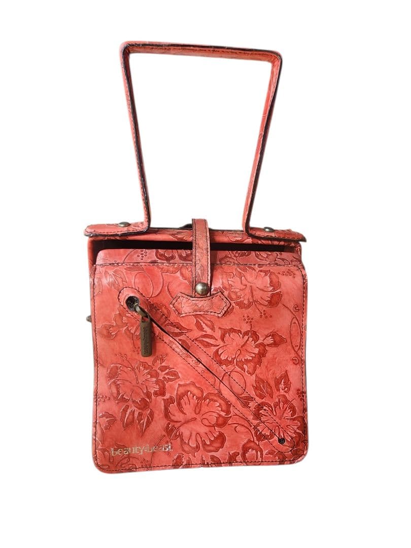 beauty beast【ビューティビースト】赤 花柄 レザーハンドバッグ