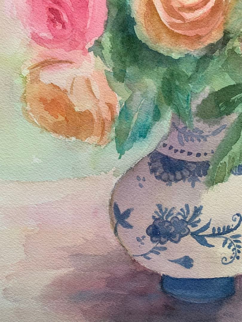透明水彩画原画一点物デルフト焼きの花瓶と春の精②