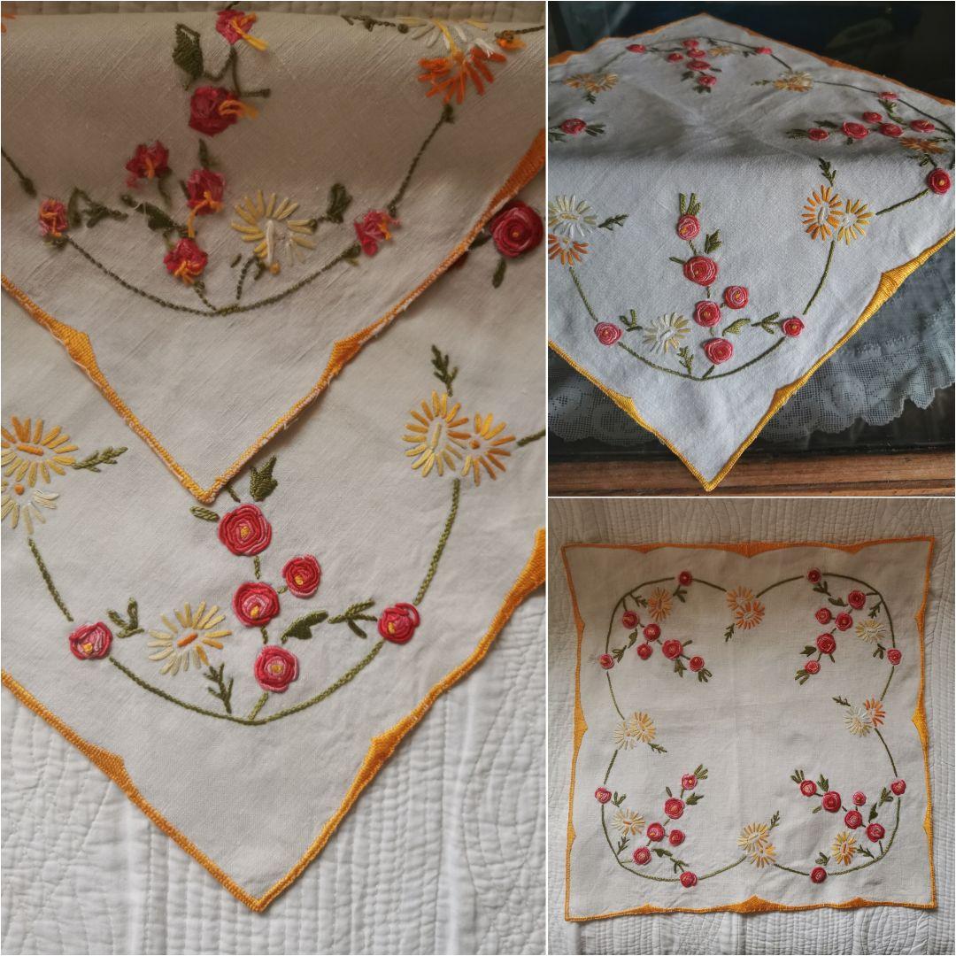 アンティークフランス 赤ピンク バリオンローズステッチ 橙西洋菊 リネンドイリー