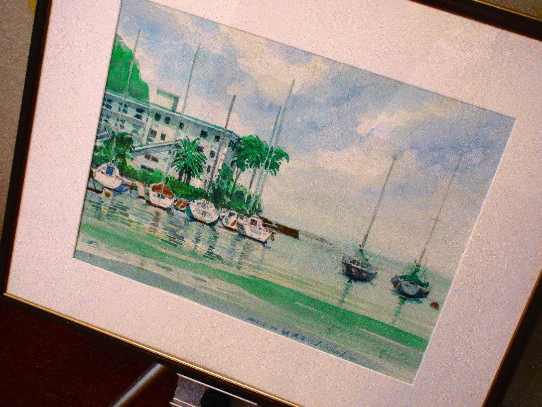 水彩画 諸磯湾 額装付き 原画