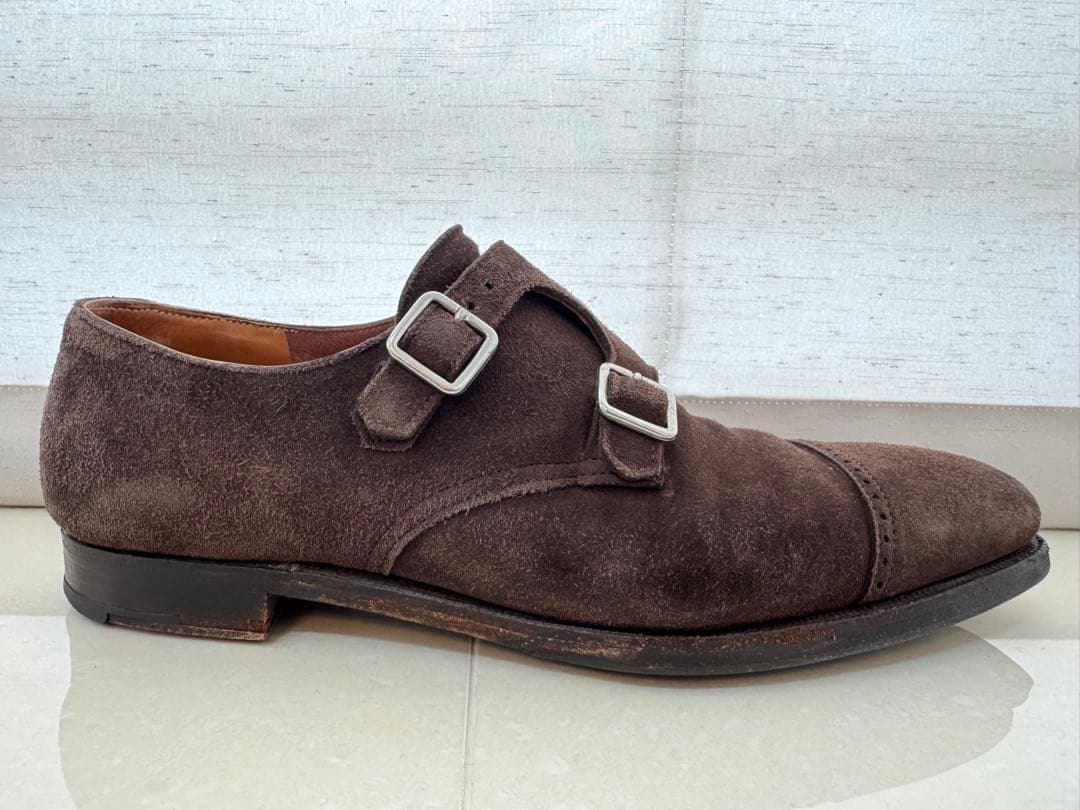 【クロケットジョーンズ】ダークブラウン スエード ダブルモンクストラップシューズ