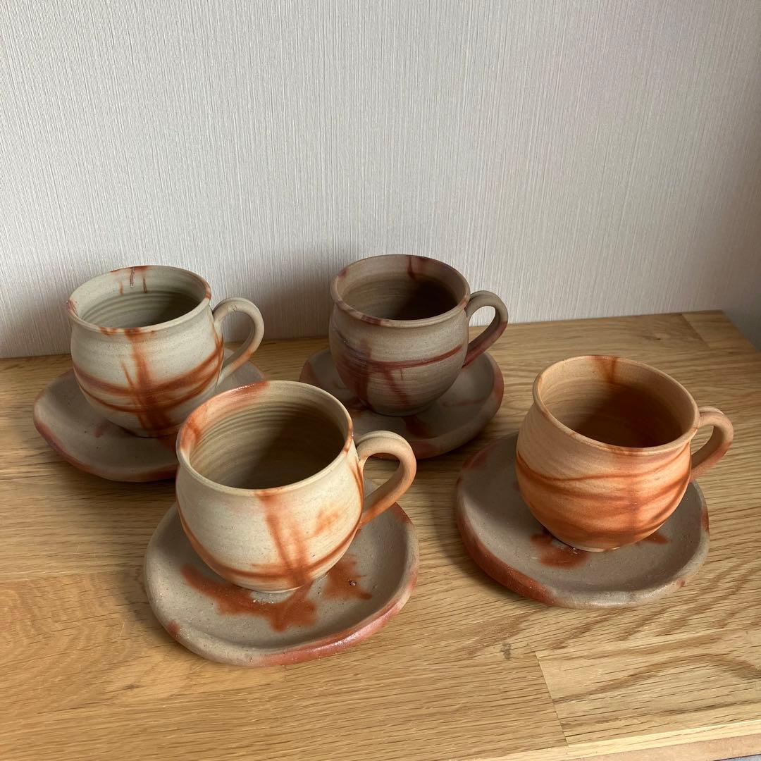 備前焼　カップ&ソーサー　4組　火襷