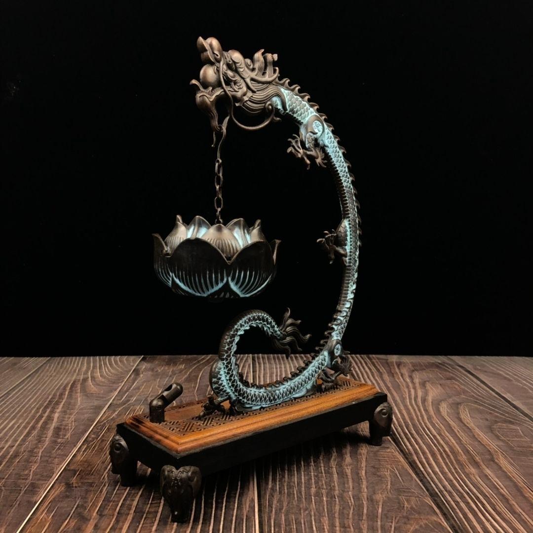 銅 細工 彩藍蓮華龍弔り式香炉 倒流香 装飾品 現代工芸品 美術品 置物