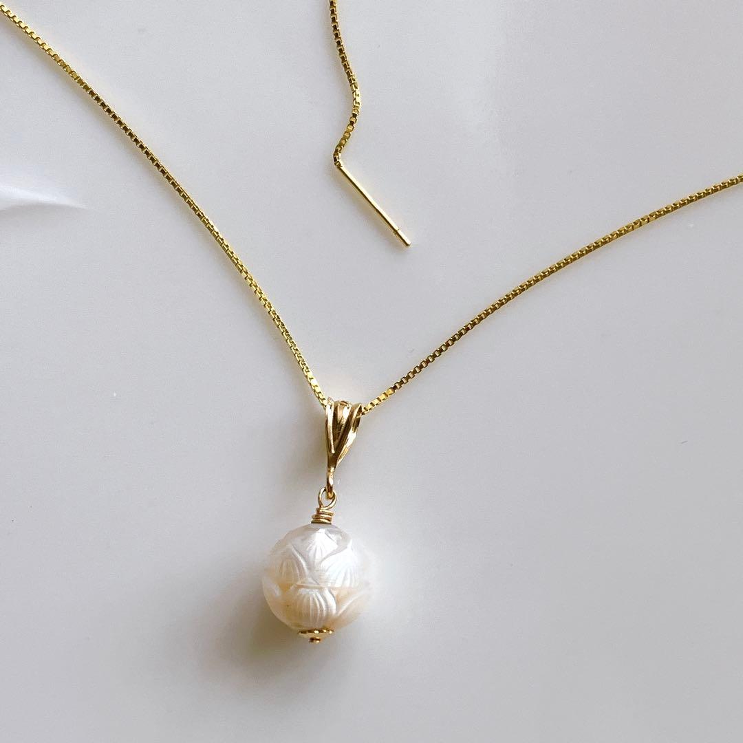 うぐいす◆1点物✧希少✧白蝶真珠ネックレス✧蓮カービング