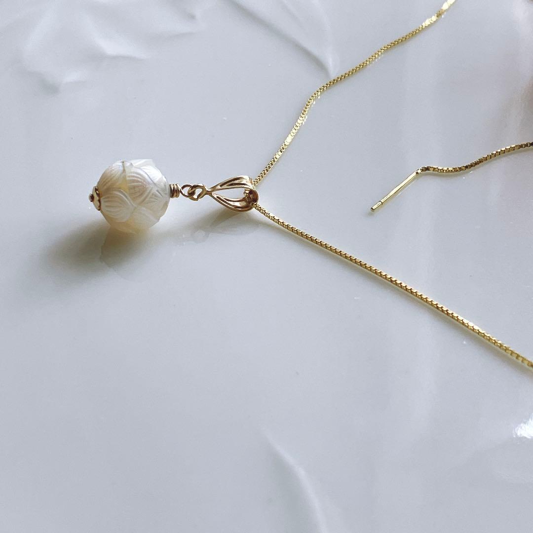 うぐいす◆1点物✧希少✧白蝶真珠ネックレス✧蓮カービング