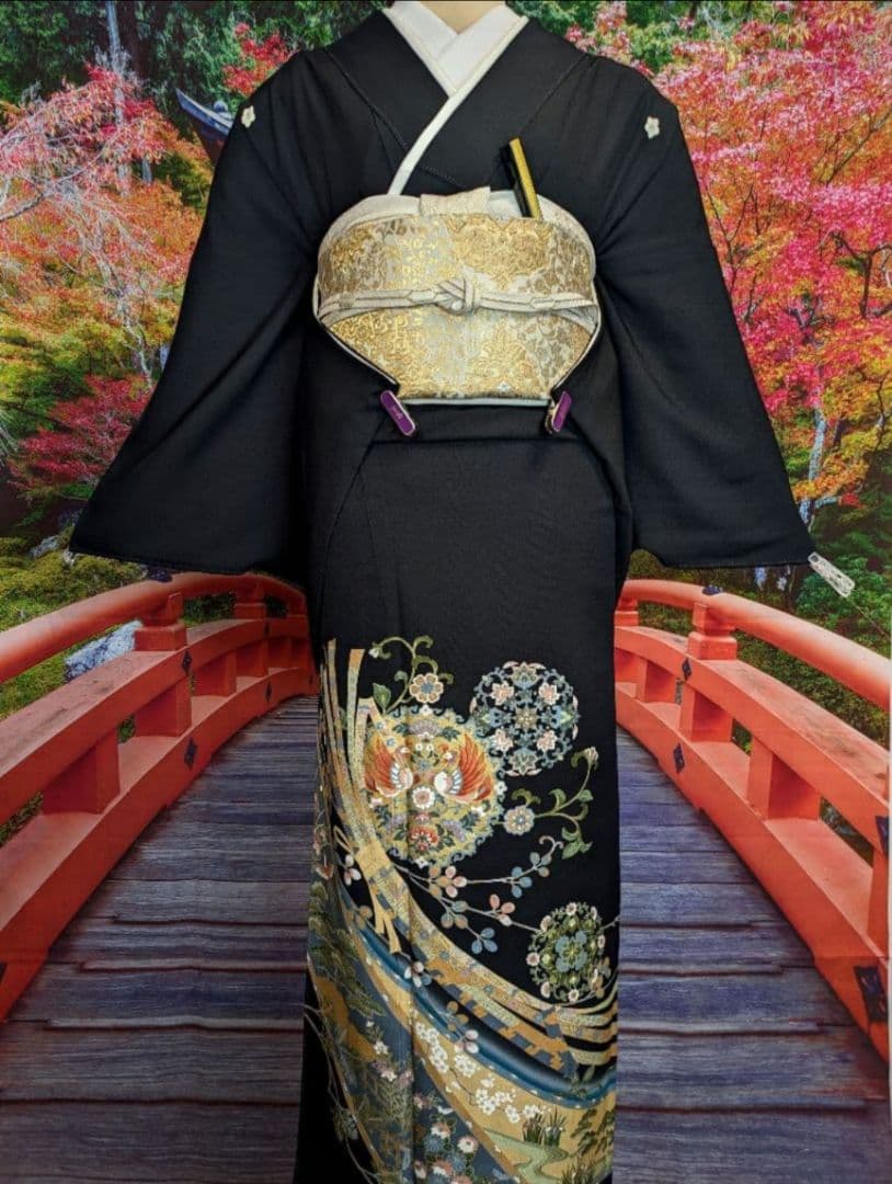 NO464　売約済　正絹黒留袖　 身幅ゆったり裄丈70cm　正絹長襦袢他