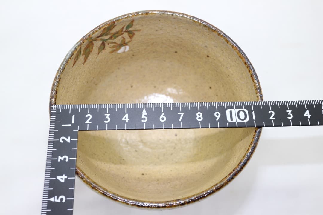 京焼 中村良二 灰釉 牡丹絵 茶碗 茶道具 共箱 共布