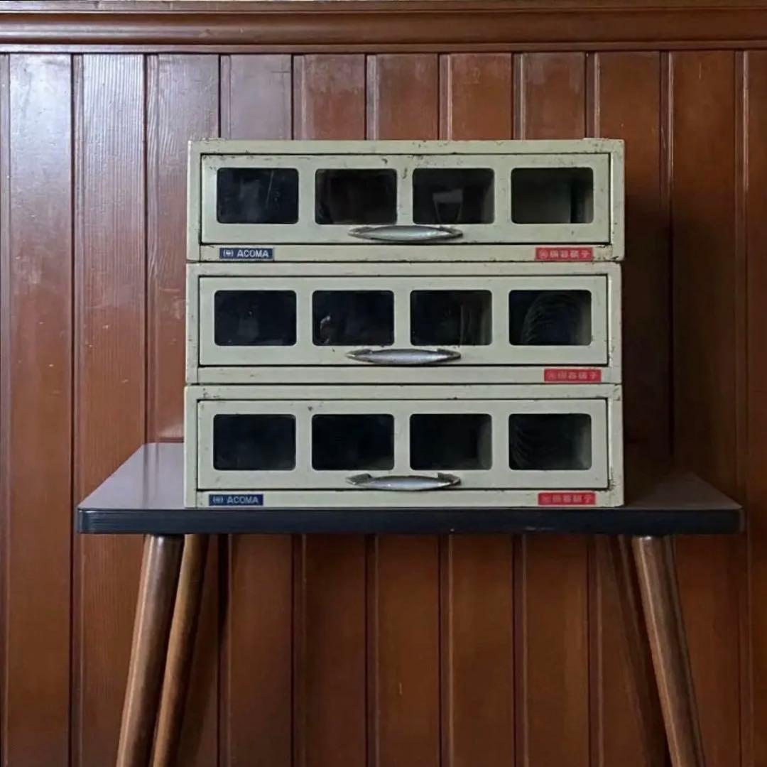 ビンテージ　店舗什器　HOYA硝子　スチールケース　インダストリアル