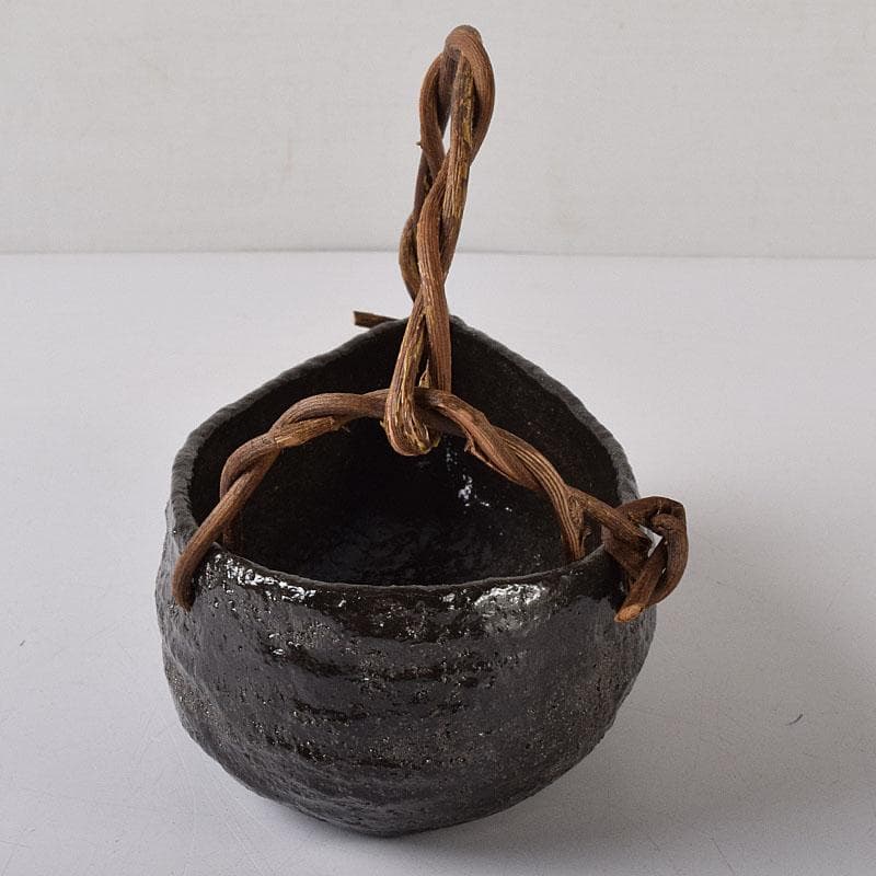 茶道具　伊曽嶋窯　渓古石香作　黒釣舟花入　共布　堀内宗完極め箱　C　R8476