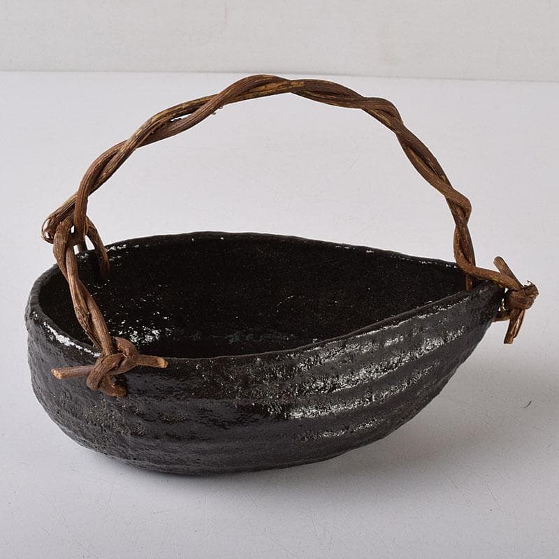 茶道具　伊曽嶋窯　渓古石香作　黒釣舟花入　共布　堀内宗完極め箱　C　R8476