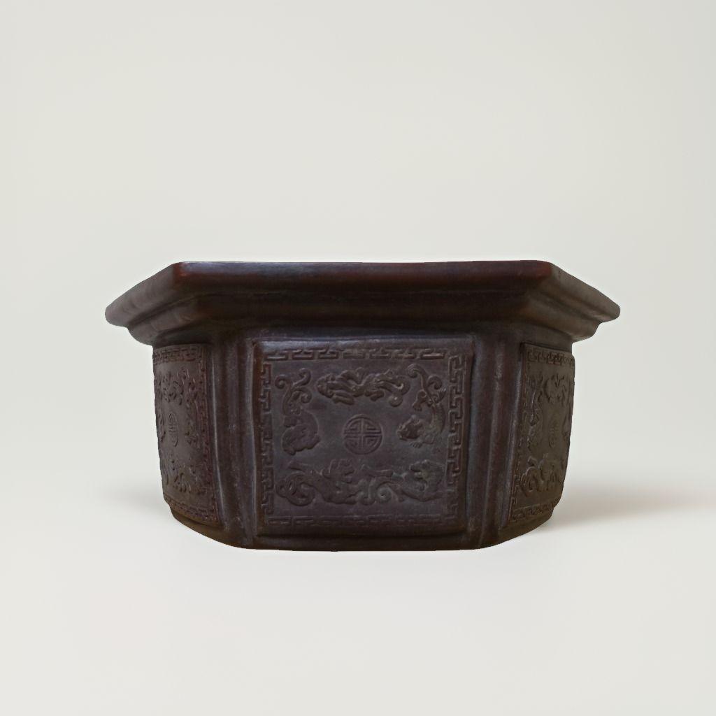 【浙寧玉成窯造】中国古美術 八角形陶器鉢 紫砂陶芸 ダークブラウン 落款あり