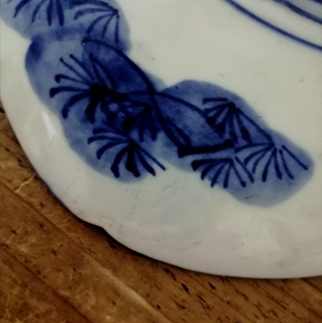 明治時代　梶原菊三郎　海老　梅　染付　魚形皿