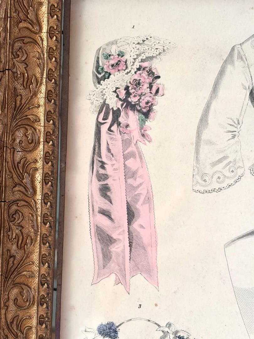 フランスアンティーク ファッションプレート 額 ガラス付き フレーム イラスト